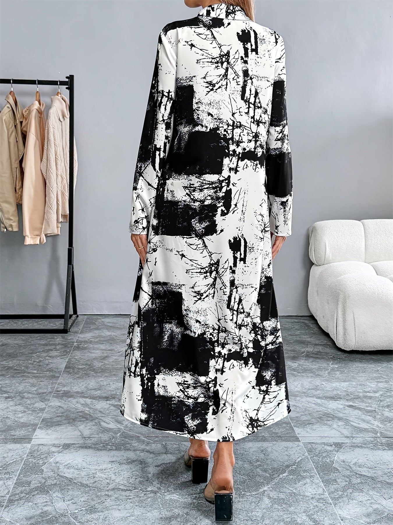 Elegant Tie-Dye Shirt Dress for Women - Casual Long Skirt with 3/4 Sleeves, Button Detail, Machine Washable - Perfect for Spring & Fall